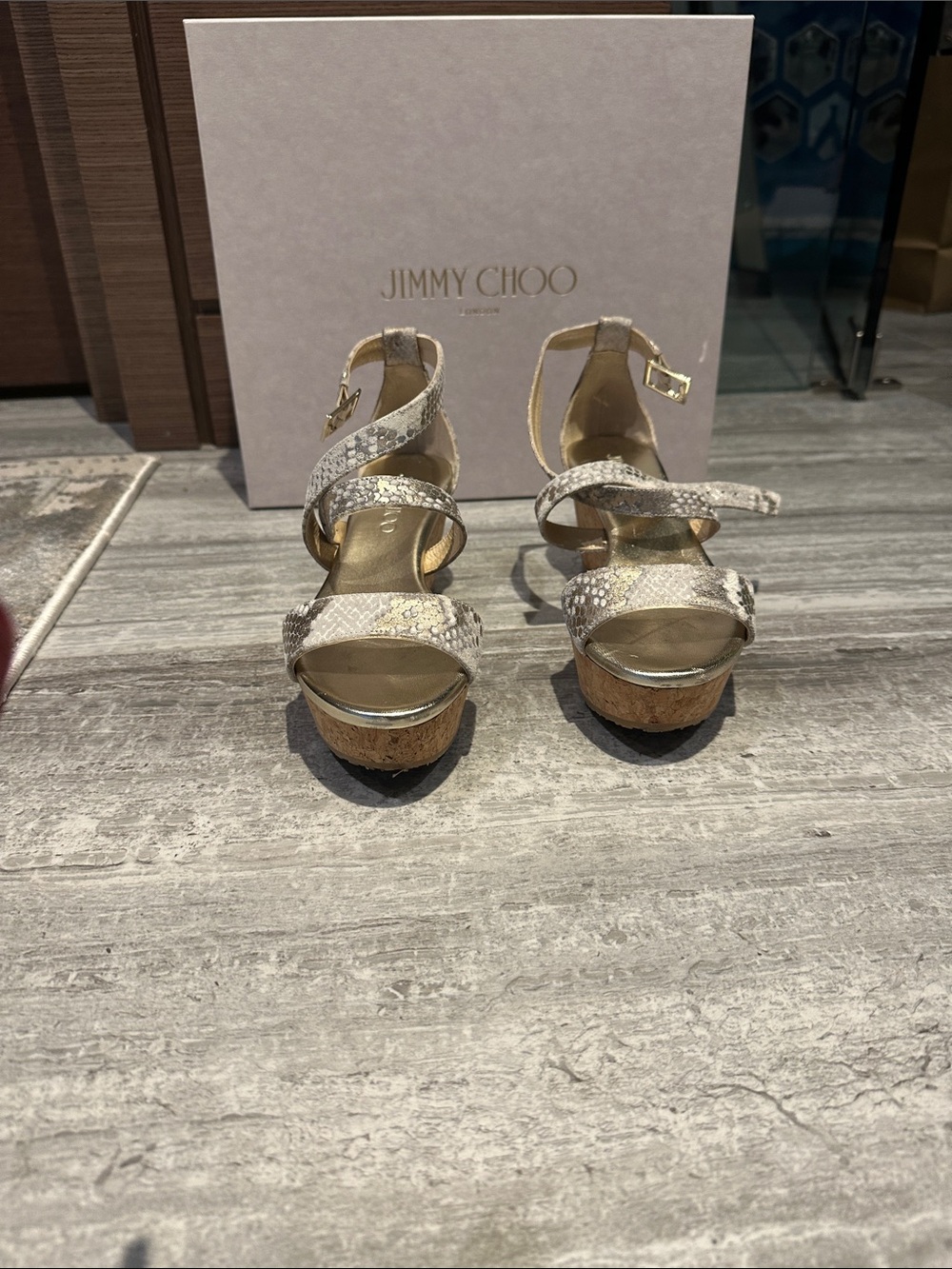 Jimmy Choo Pearl Snake-Print Cork Wedge Sandals